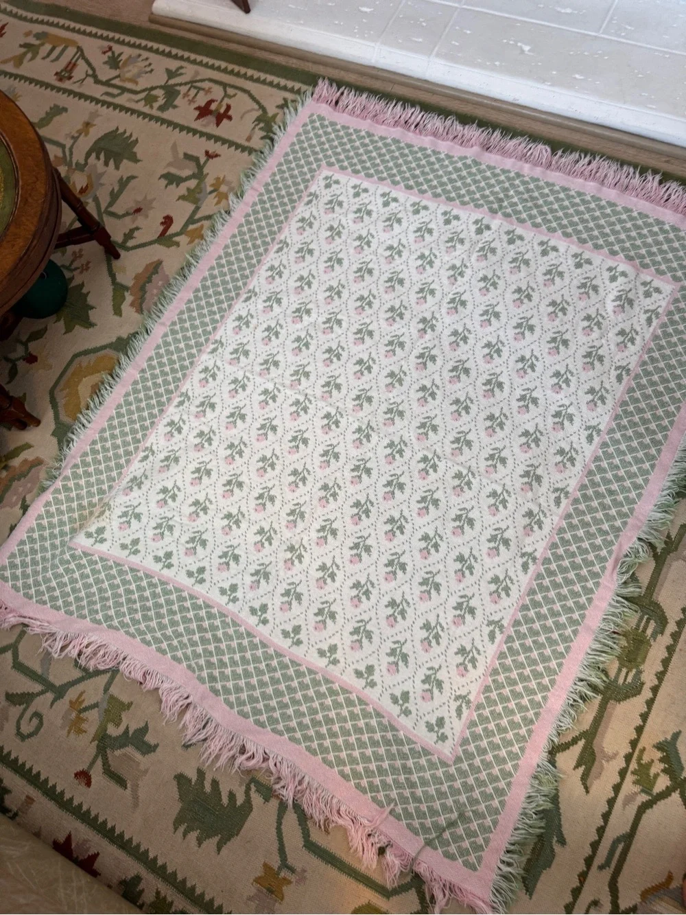 Soft Floral Throw Blanket in Pastel Pink and Sage